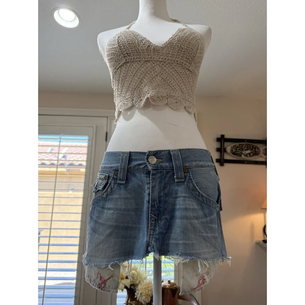 Y2K True Religion Cutoff Mini Skirt Cyberpunk Rocker Denim Low Rise repurposed